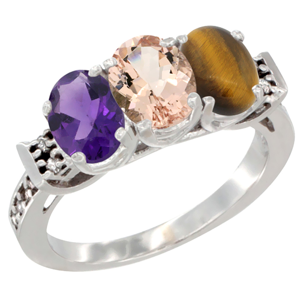 10K White Gold Natural Amethyst, Morganite &amp; Tiger Eye Ring 3-Stone Oval 7x5 mm Diamond Accent, sizes 5 - 10