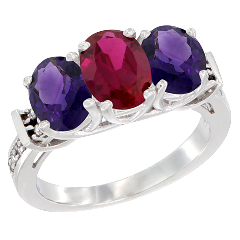 14K White Gold Enhanced Ruby &amp; Amethyst Sides Ring 3-Stone Oval Diamond Accent, sizes 5 - 10