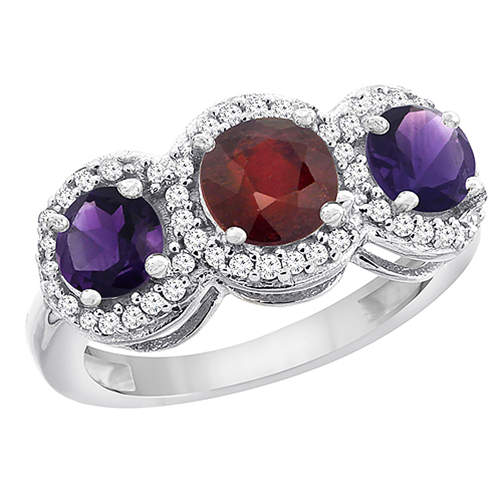 14K White Gold Enhanced Ruby &amp; Amethyst Sides Round 3-stone Ring Diamond Accents, sizes 5 - 10