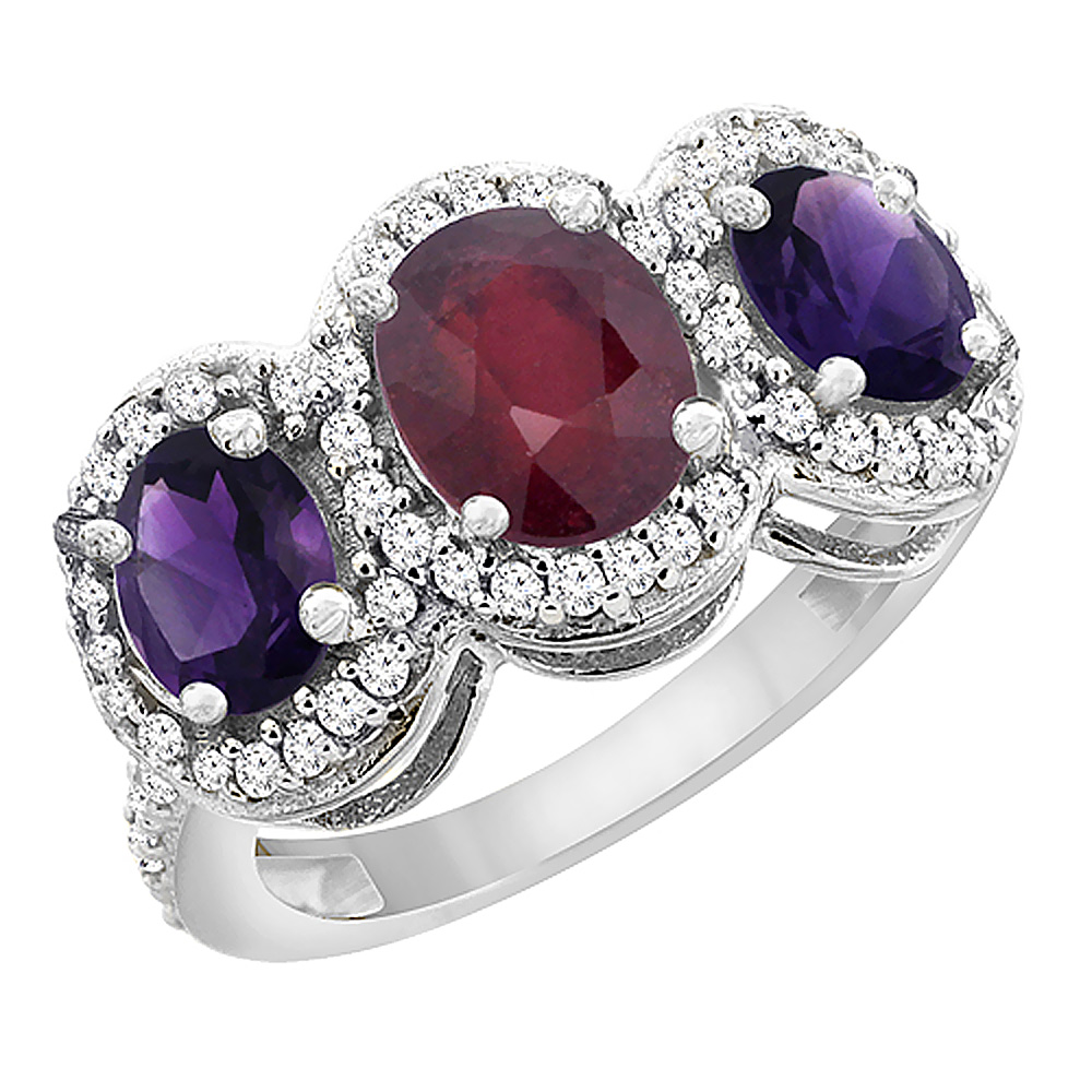 14K White Gold Natural Quality Ruby &amp; Amethyst 3-stone Mothers Ring Oval Diamond Accent, size 5 - 10