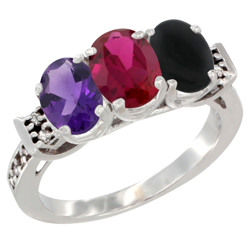 14K White Gold Natural Amethyst, Enhanced Ruby &amp; Natural Black Onyx Ring 3-Stone 7x5 mm Oval Diamond Accent, sizes 5 - 10