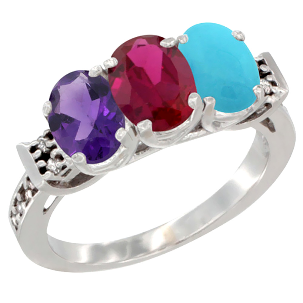 10K White Gold Natural Amethyst, Enhanced Ruby &amp; Natural Turquoise Ring 3-Stone Oval 7x5 mm Diamond Accent, sizes 5 - 10