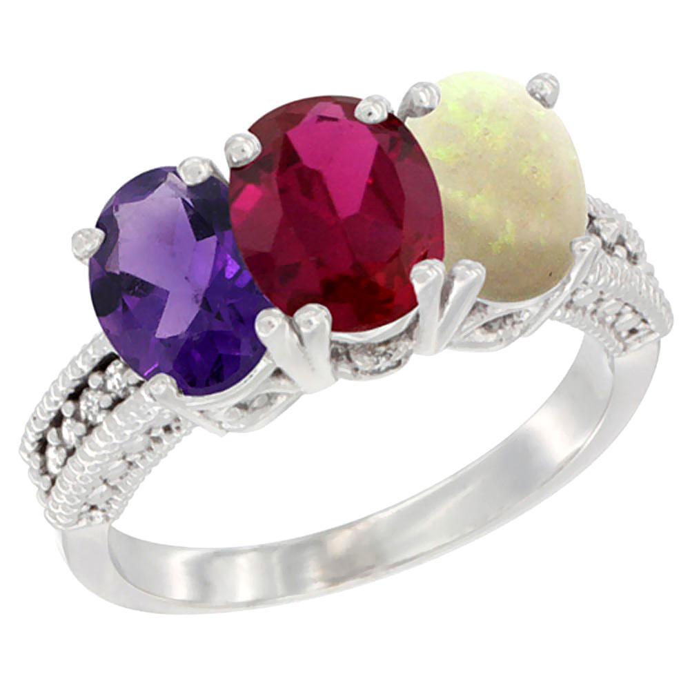 10K White Gold Natural Amethyst, Enhanced Ruby &amp; Natural Opal Ring 3-Stone Oval 7x5 mm Diamond Accent, sizes 5 - 10
