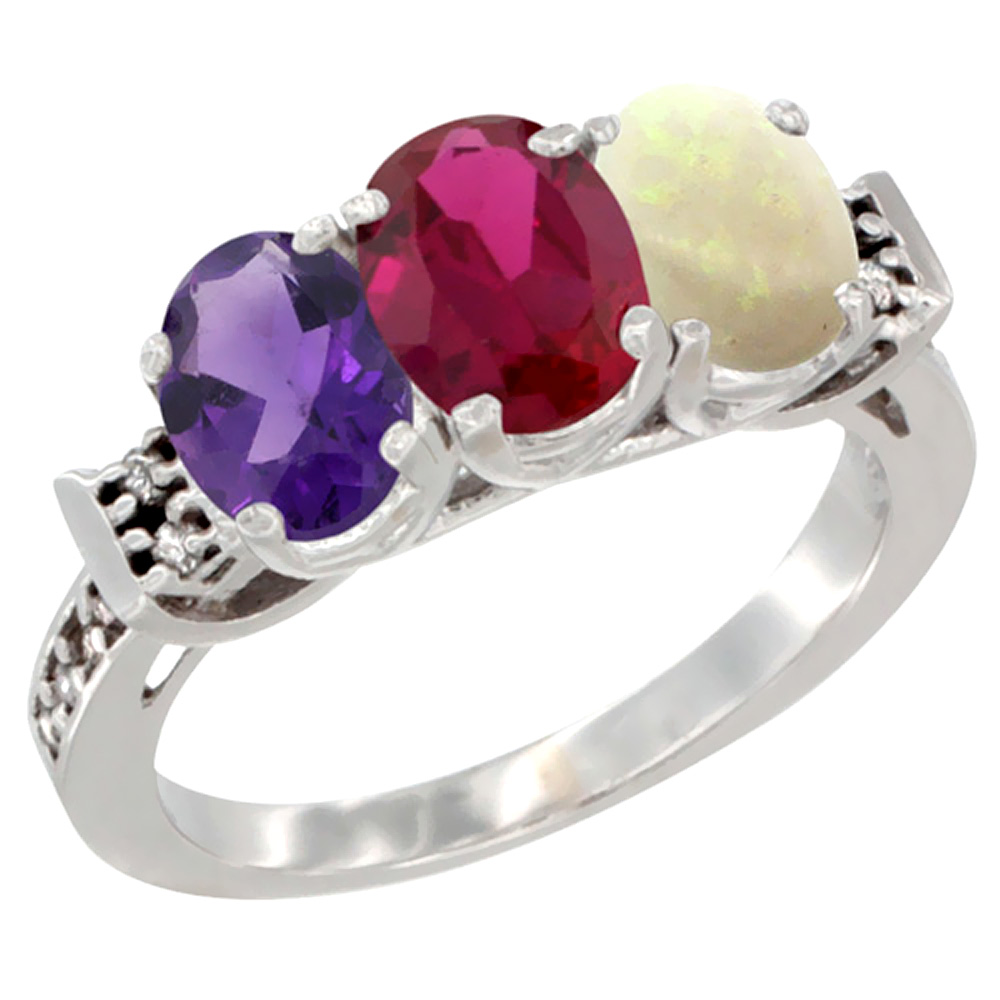 10K White Gold Natural Amethyst, Enhanced Ruby &amp; Natural Opal Ring 3-Stone Oval 7x5 mm Diamond Accent, sizes 5 - 10