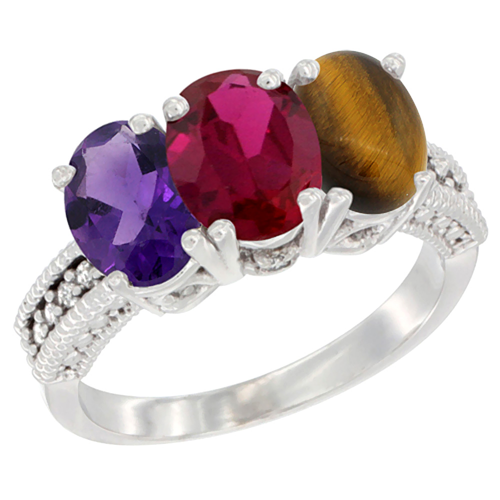 10K White Gold Natural Amethyst, Enhanced Ruby &amp; Natural Tiger Eye Ring 3-Stone Oval 7x5 mm Diamond Accent, sizes 5 - 10