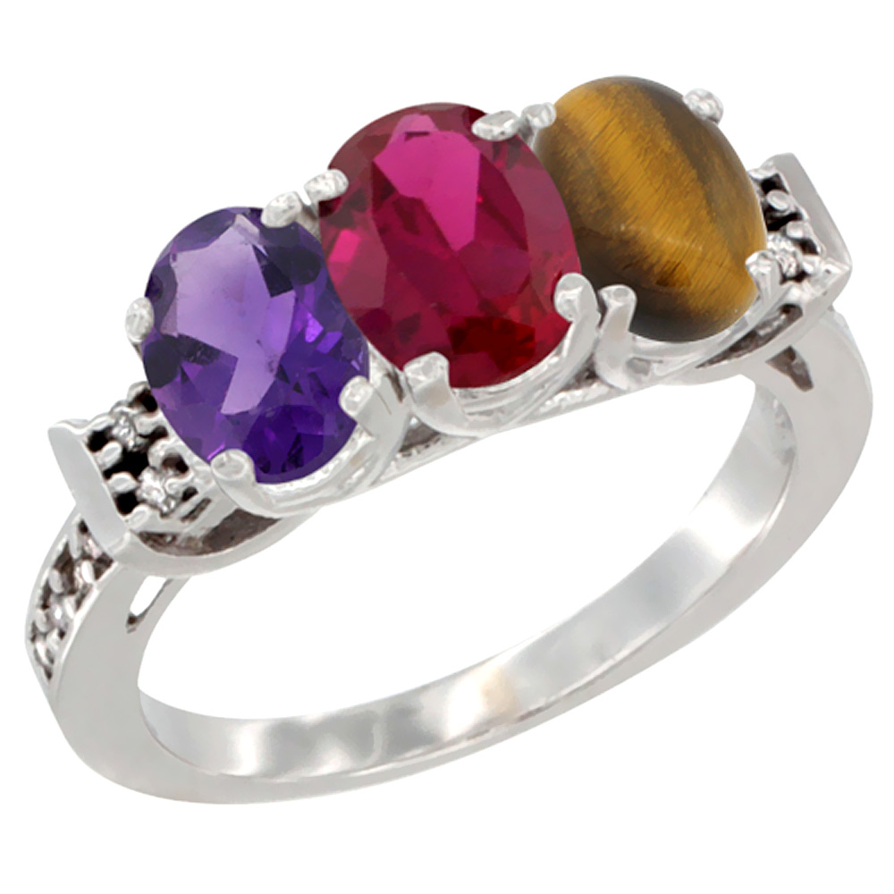 10K White Gold Natural Amethyst, Enhanced Ruby &amp; Natural Tiger Eye Ring 3-Stone Oval 7x5 mm Diamond Accent, sizes 5 - 10
