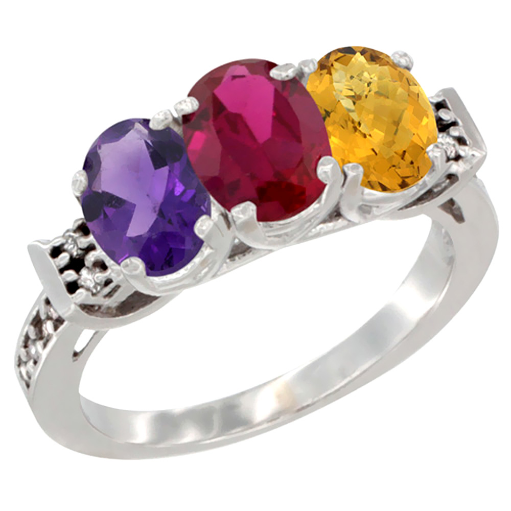 10K White Gold Natural Amethyst, Enhanced Ruby &amp; Natural Whisky Quartz Ring 3-Stone Oval 7x5 mm Diamond Accent, sizes 5 - 10