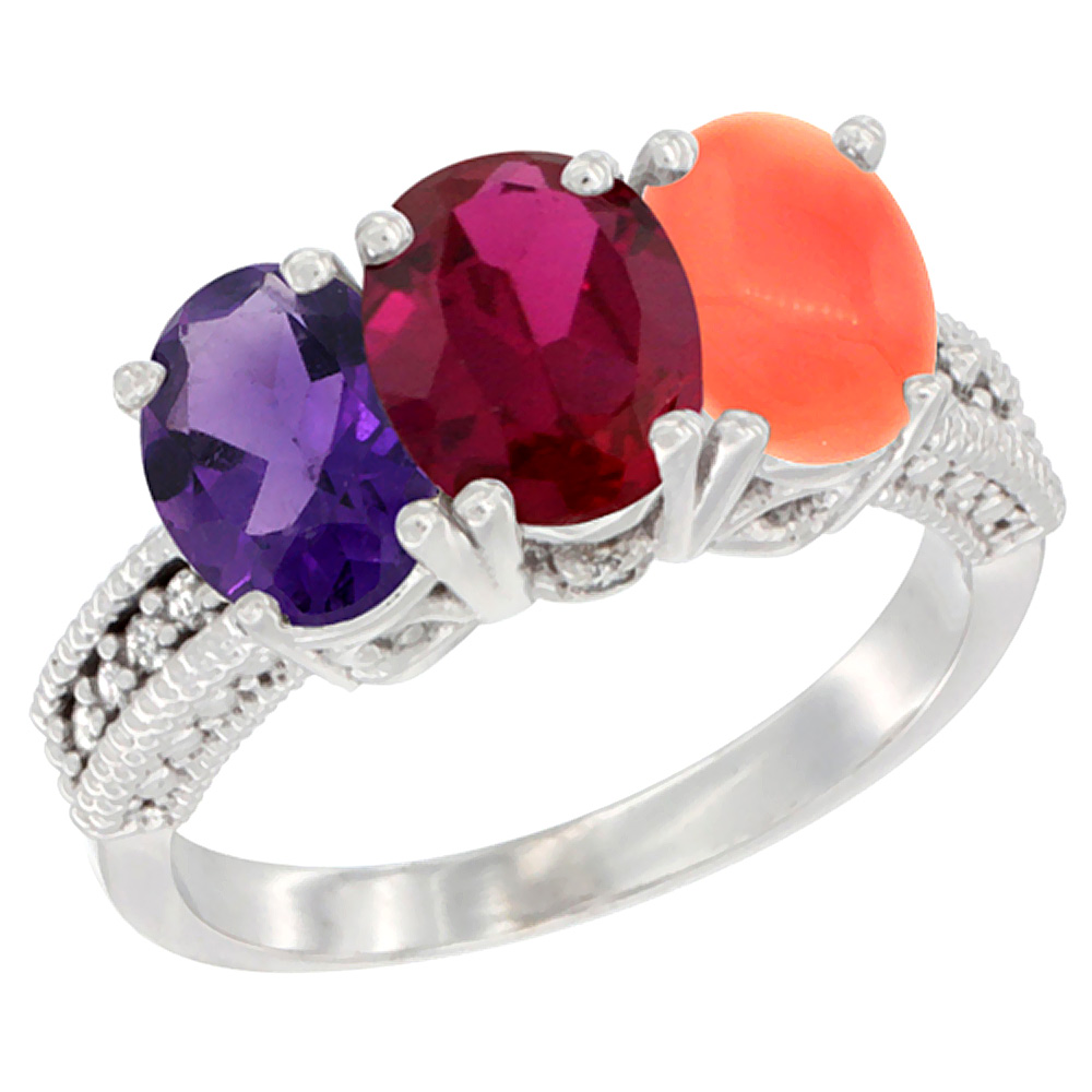 10K White Gold Natural Amethyst, Enhanced Ruby &amp; Natural Coral Ring 3-Stone Oval 7x5 mm Diamond Accent, sizes 5 - 10