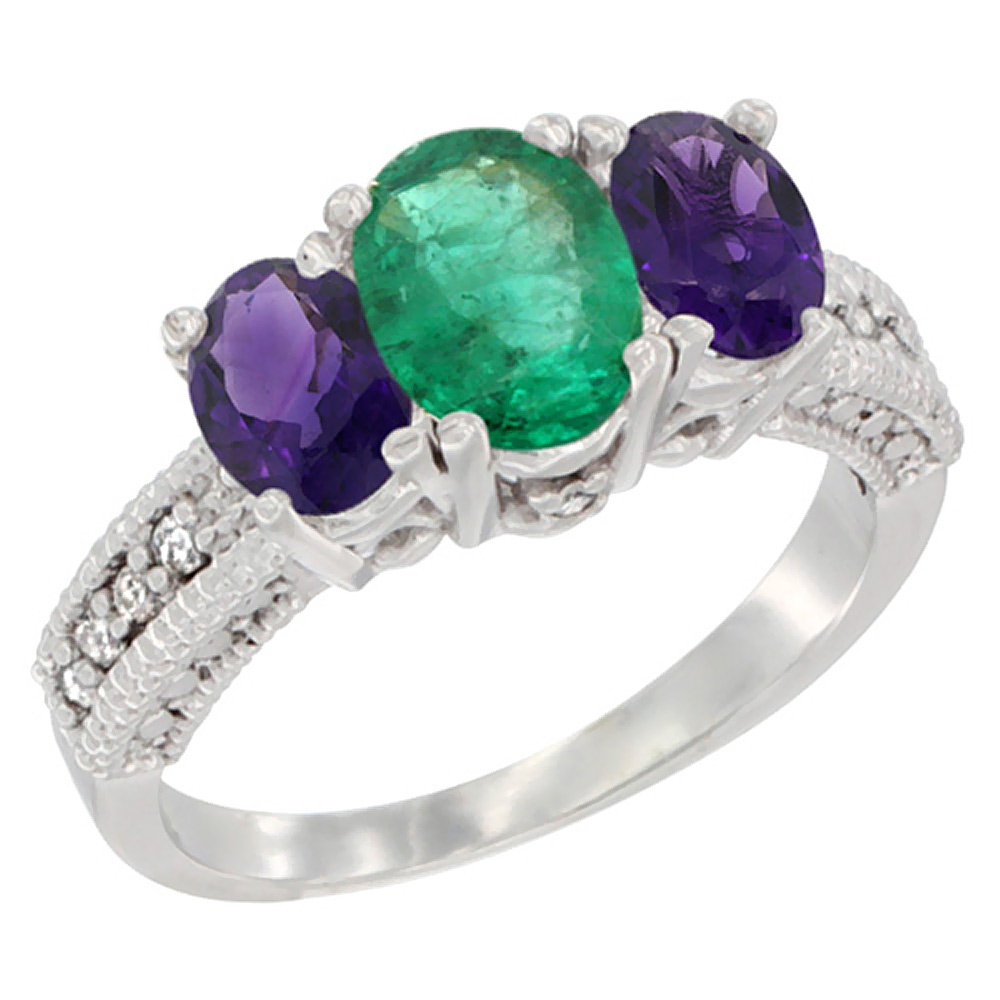 10K White Gold Diamond Natural Quality Emerald 7x5mm &amp; 6x4mm Amethyst Oval 3-stone Mothers Ring,size5-10