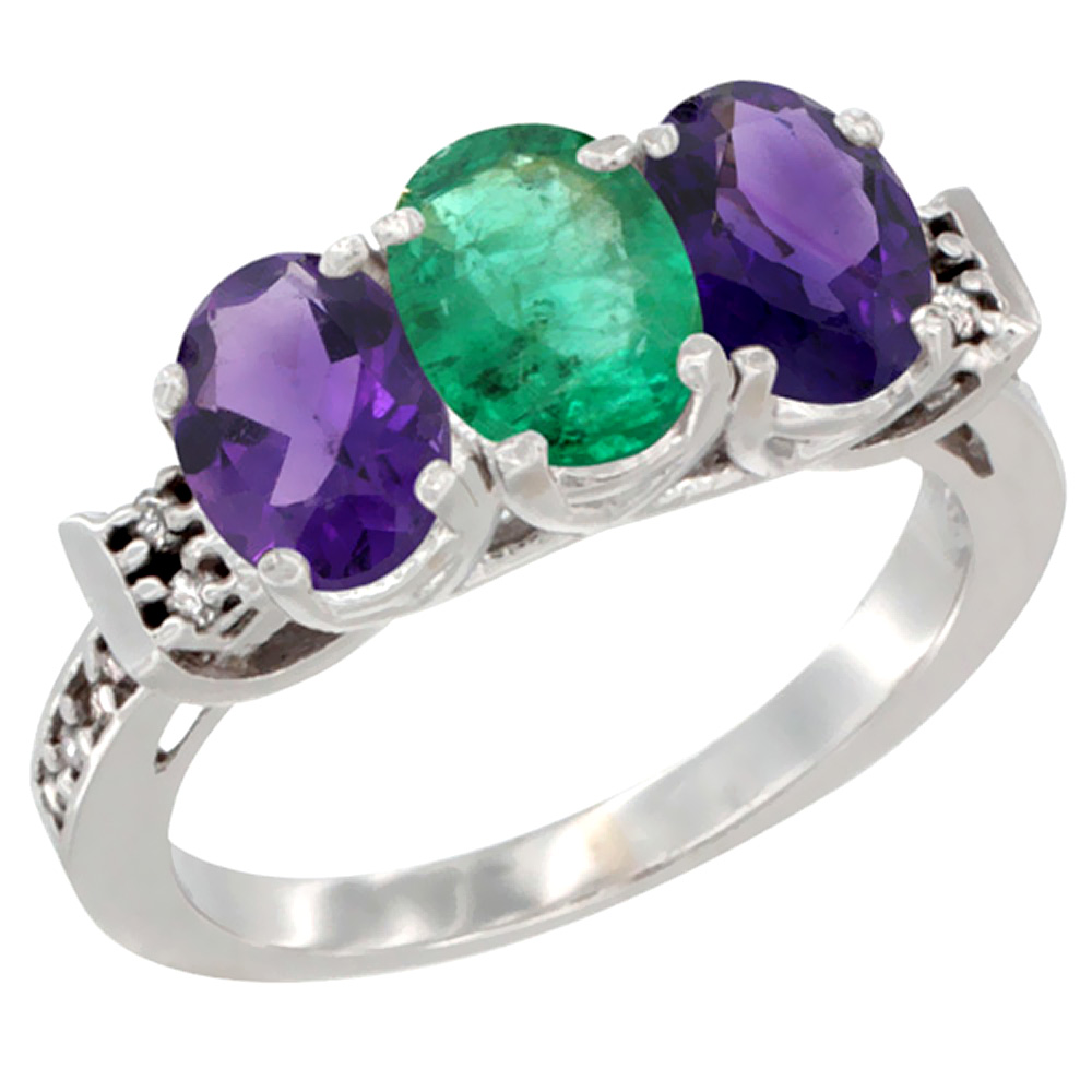10K White Gold Natural Emerald &amp; Amethyst Sides Ring 3-Stone Oval 7x5 mm Diamond Accent, sizes 5 - 10
