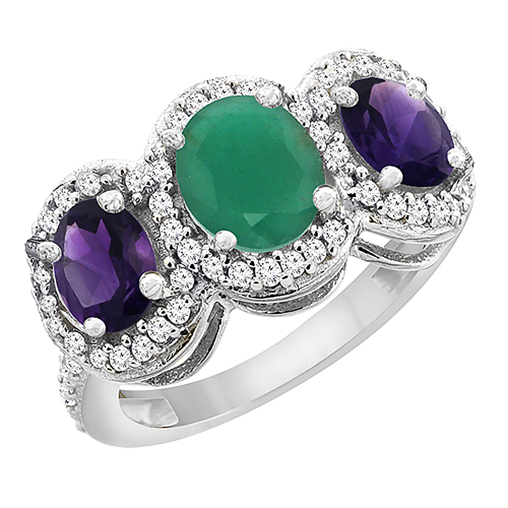 10K White Gold Natural Quality Emerald &amp; Amethyst 3-stone Mothers Ring Oval Diamond Accent, size 5 - 10