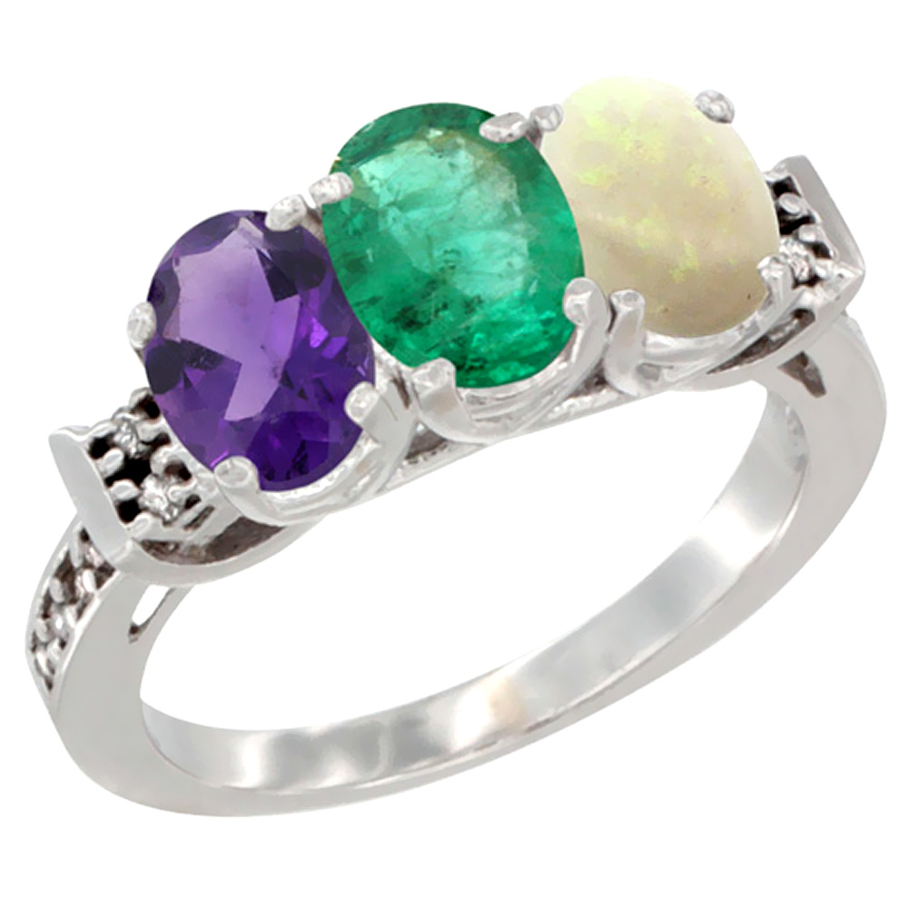 10K White Gold Natural Amethyst, Emerald &amp; Opal Ring 3-Stone Oval 7x5 mm Diamond Accent, sizes 5 - 10