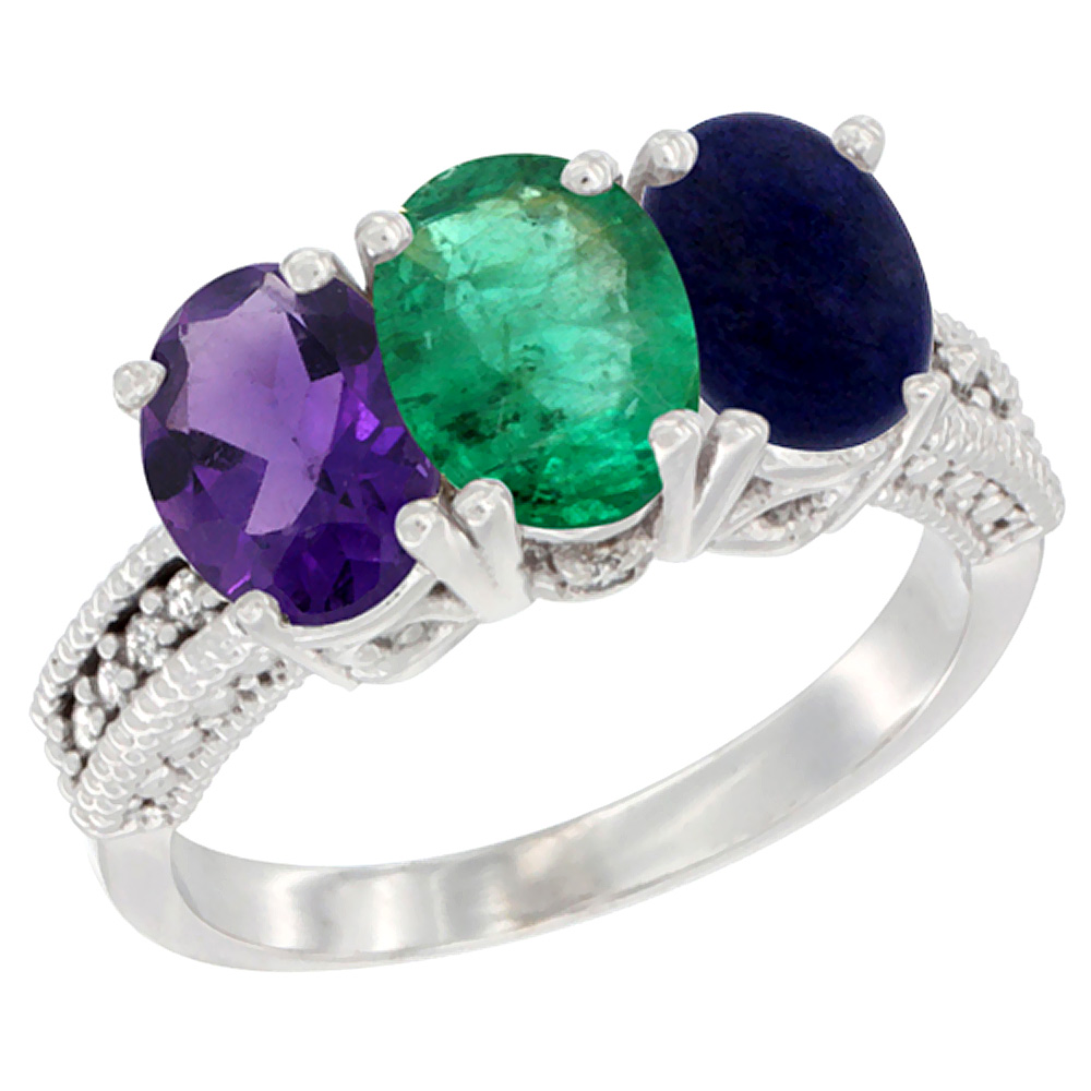 10K White Gold Natural Amethyst, Emerald &amp; Lapis Ring 3-Stone Oval 7x5 mm Diamond Accent, sizes 5 - 10