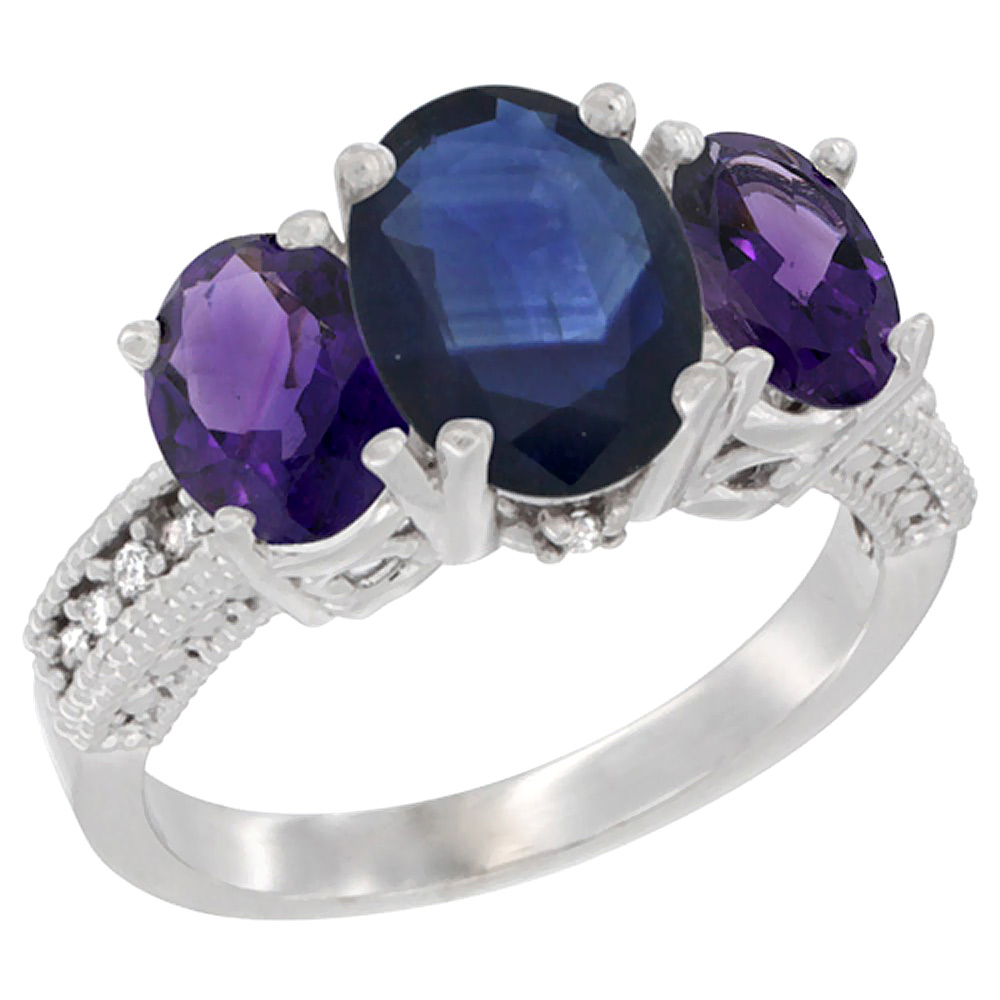 10K White Gold Diamond Natural Quality Blue Sapphire 3-stone Mothers Ring Oval 8x6mm with Amethyst,sz5-10