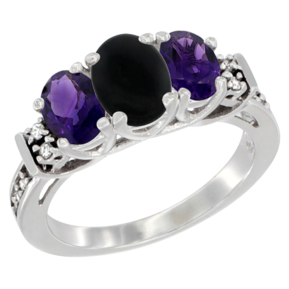 14K White Gold Natural Black Onyx & Amethyst Ring 3-Stone Oval Diamond Accent, sizes 5-10