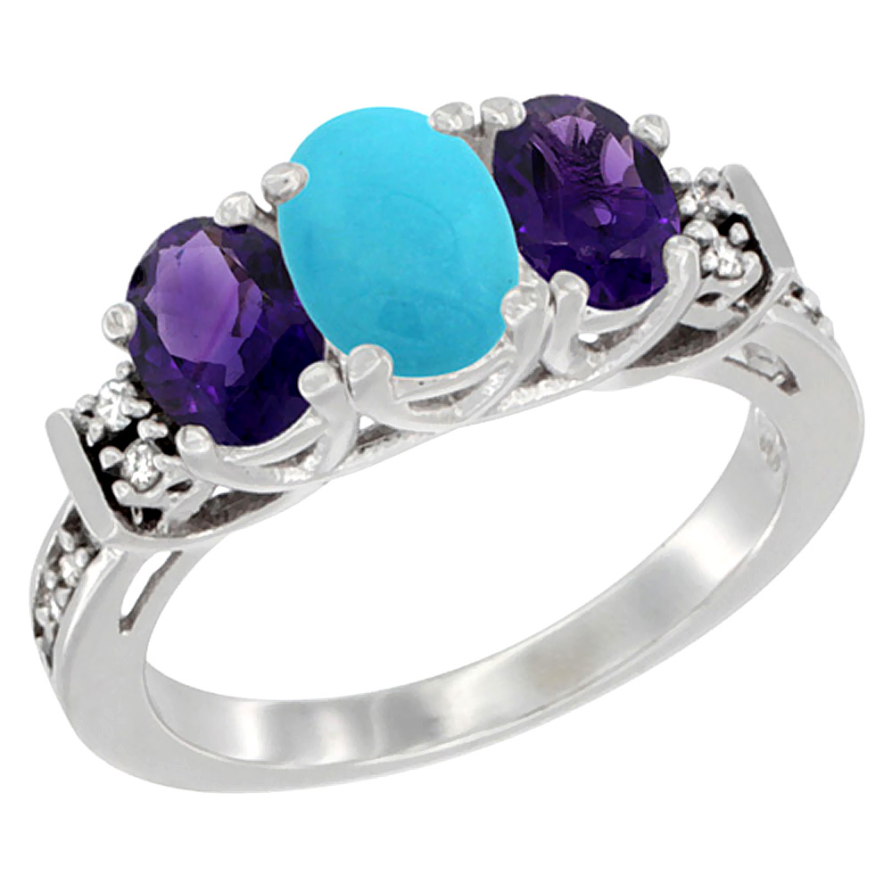10K White Gold Natural Turquoise &amp; Amethyst Ring 3-Stone Oval Diamond Accent, sizes 5-10