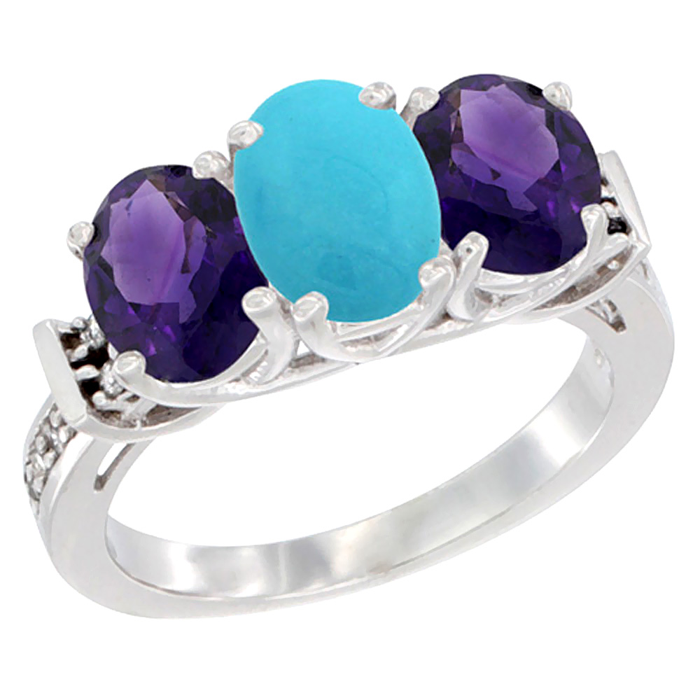 14K White Gold Natural Turquoise &amp; Amethyst Sides Ring 3-Stone Oval Diamond Accent, sizes 5 - 10