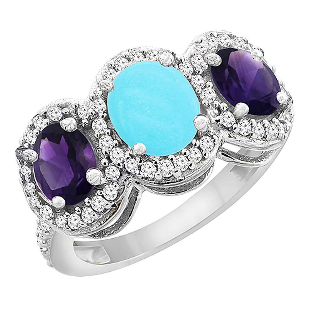 10K White Gold Natural Turquoise &amp; Amethyst 3-Stone Ring Oval Diamond Accent, sizes 5 - 10