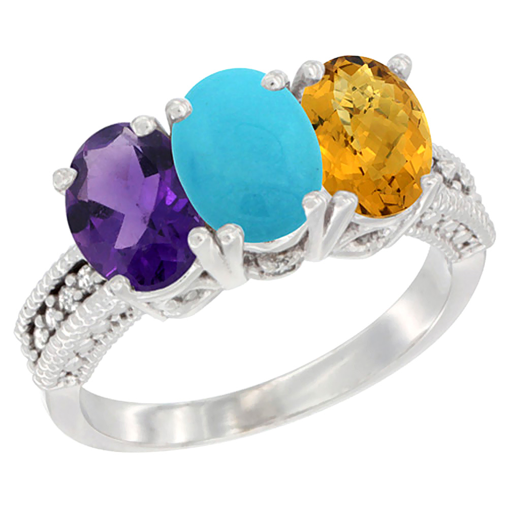 14K White Gold Natural Amethyst, Turquoise &amp; Whisky Quartz Ring 3-Stone 7x5 mm Oval Diamond Accent, sizes 5 - 10