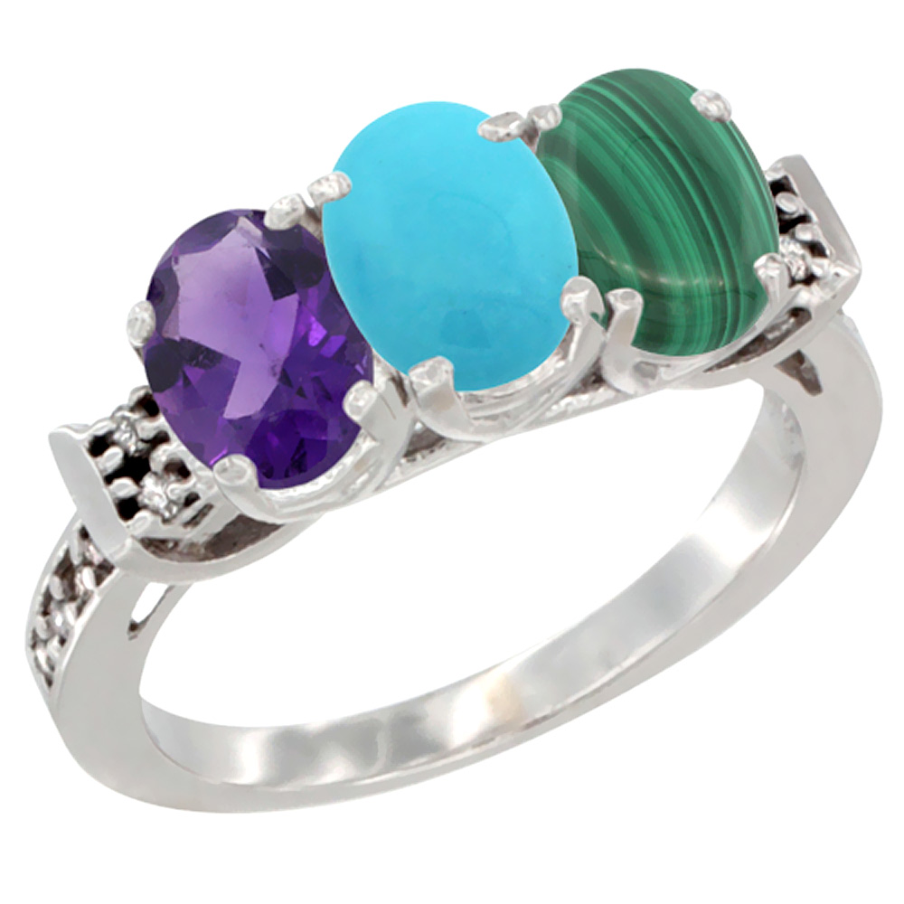 10K White Gold Natural Amethyst, Turquoise &amp; Malachite Ring 3-Stone Oval 7x5 mm Diamond Accent, sizes 5 - 10