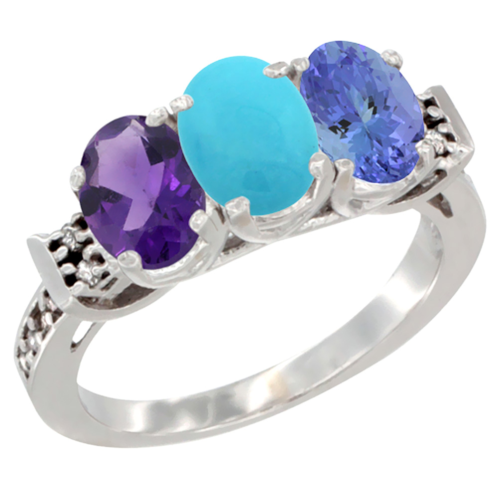 14K White Gold Natural Amethyst, Turquoise &amp; Tanzanite Ring 3-Stone 7x5 mm Oval Diamond Accent, sizes 5 - 10