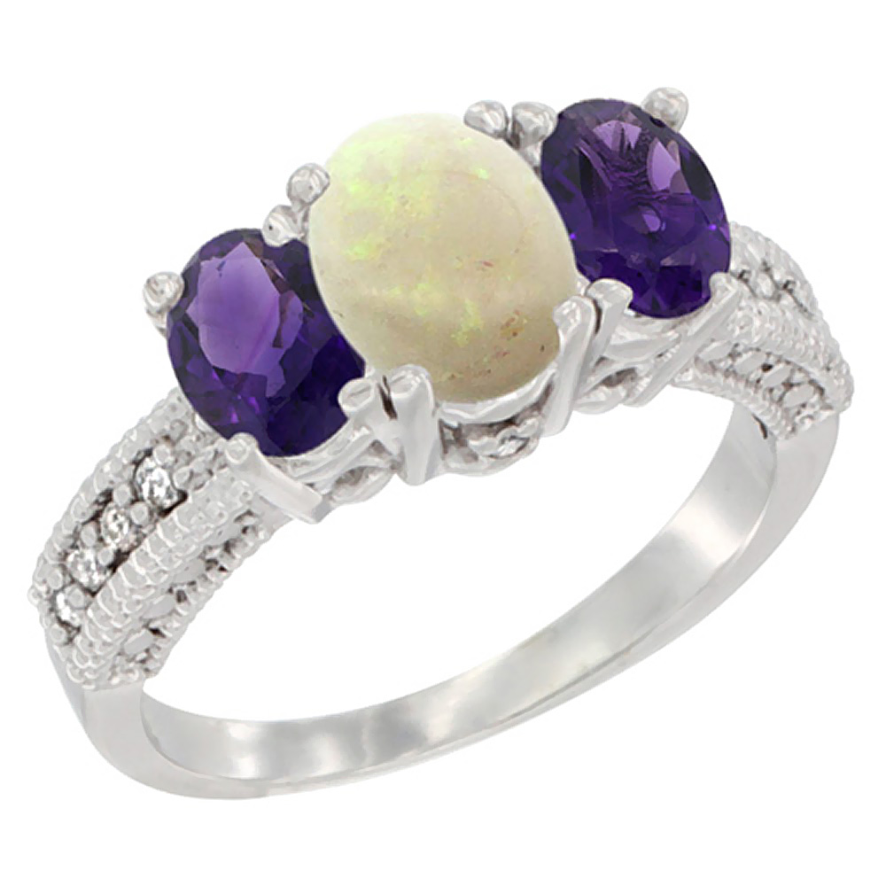 14K White Gold Diamond Natural Opal Ring Oval 3-stone with Amethyst, sizes 5 - 10