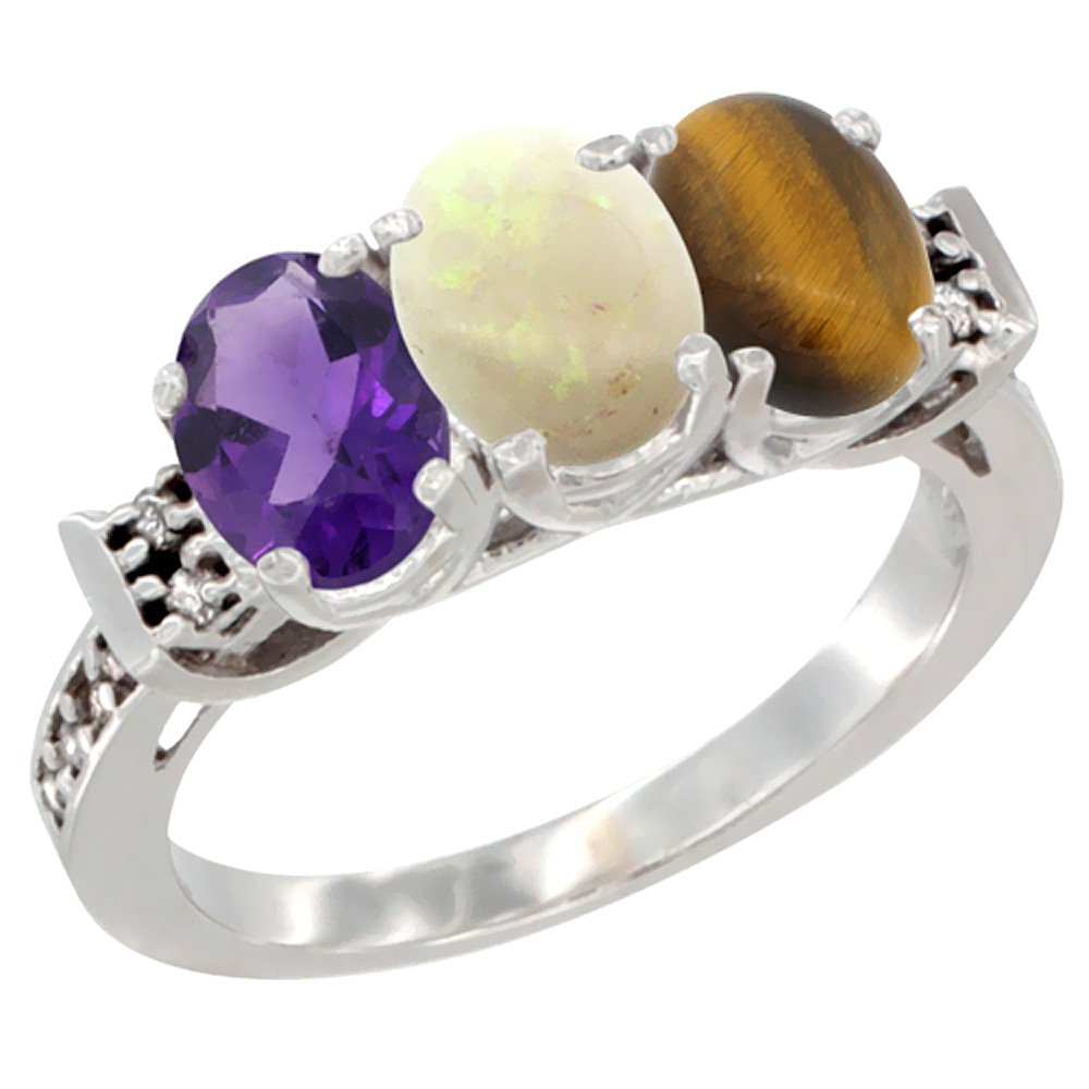 10K White Gold Natural Amethyst, Opal &amp; Tiger Eye Ring 3-Stone Oval 7x5 mm Diamond Accent, sizes 5 - 10