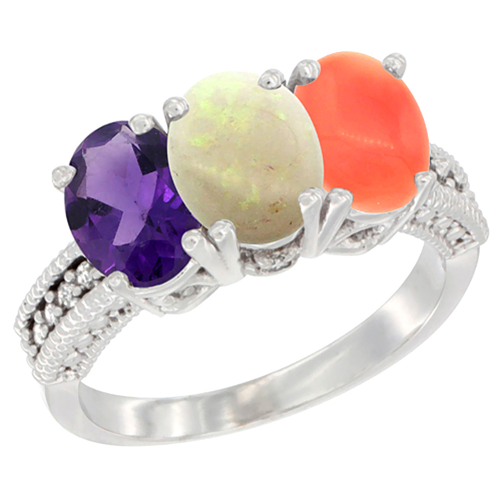 14K White Gold Natural Amethyst, Opal &amp; Coral Ring 3-Stone 7x5 mm Oval Diamond Accent, sizes 5 - 10