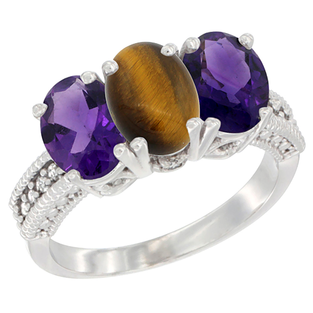 10K White Gold Natural Tiger Eye &amp; Amethyst Sides Ring 3-Stone Oval 7x5 mm Diamond Accent, sizes 5 - 10