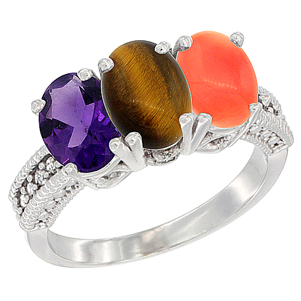 10K White Gold Natural Amethyst, Tiger Eye &amp; Coral Ring 3-Stone Oval 7x5 mm Diamond Accent, sizes 5 - 10