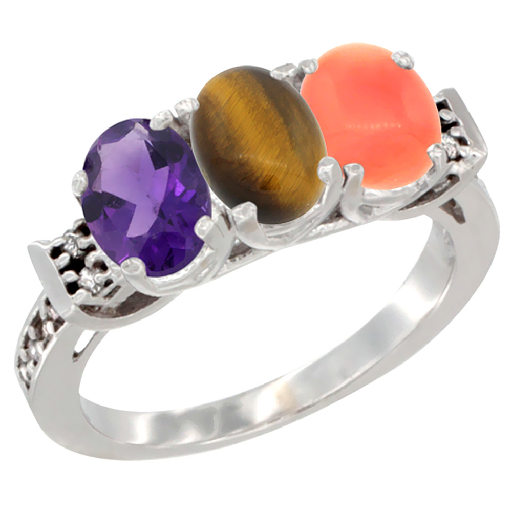 14K White Gold Natural Amethyst, Tiger Eye &amp; Coral Ring 3-Stone 7x5 mm Oval Diamond Accent, sizes 5 - 10
