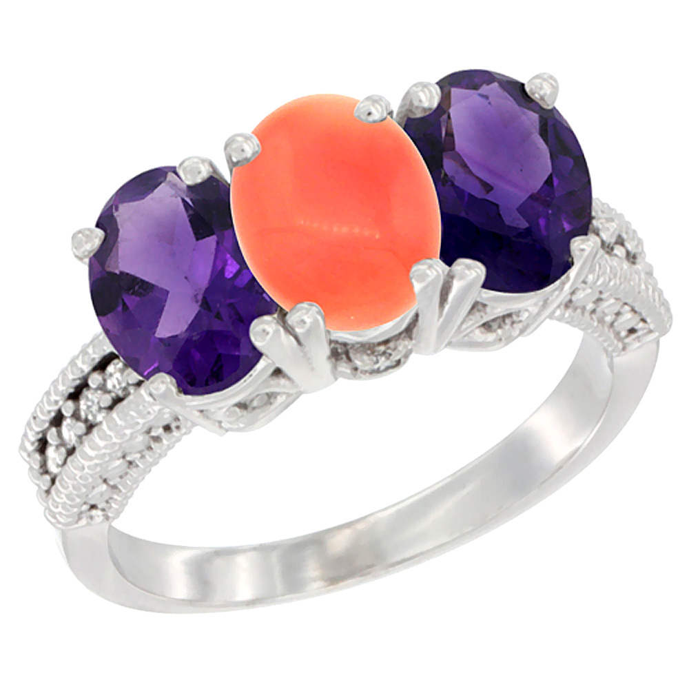 10K White Gold Natural Coral &amp; Amethyst Sides Ring 3-Stone Oval 7x5 mm Diamond Accent, sizes 5 - 10