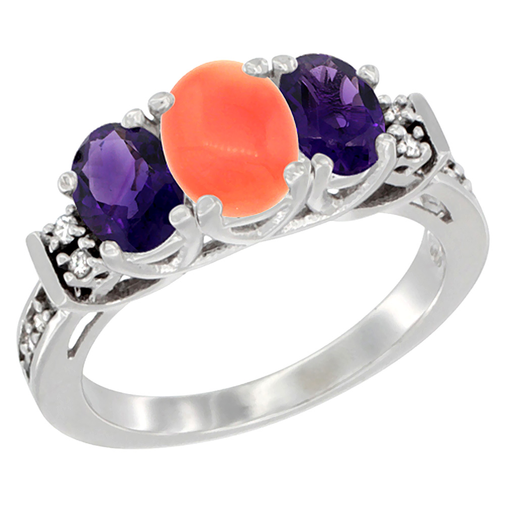 10K White Gold Natural Coral &amp; Amethyst Ring 3-Stone Oval Diamond Accent, sizes 5-10