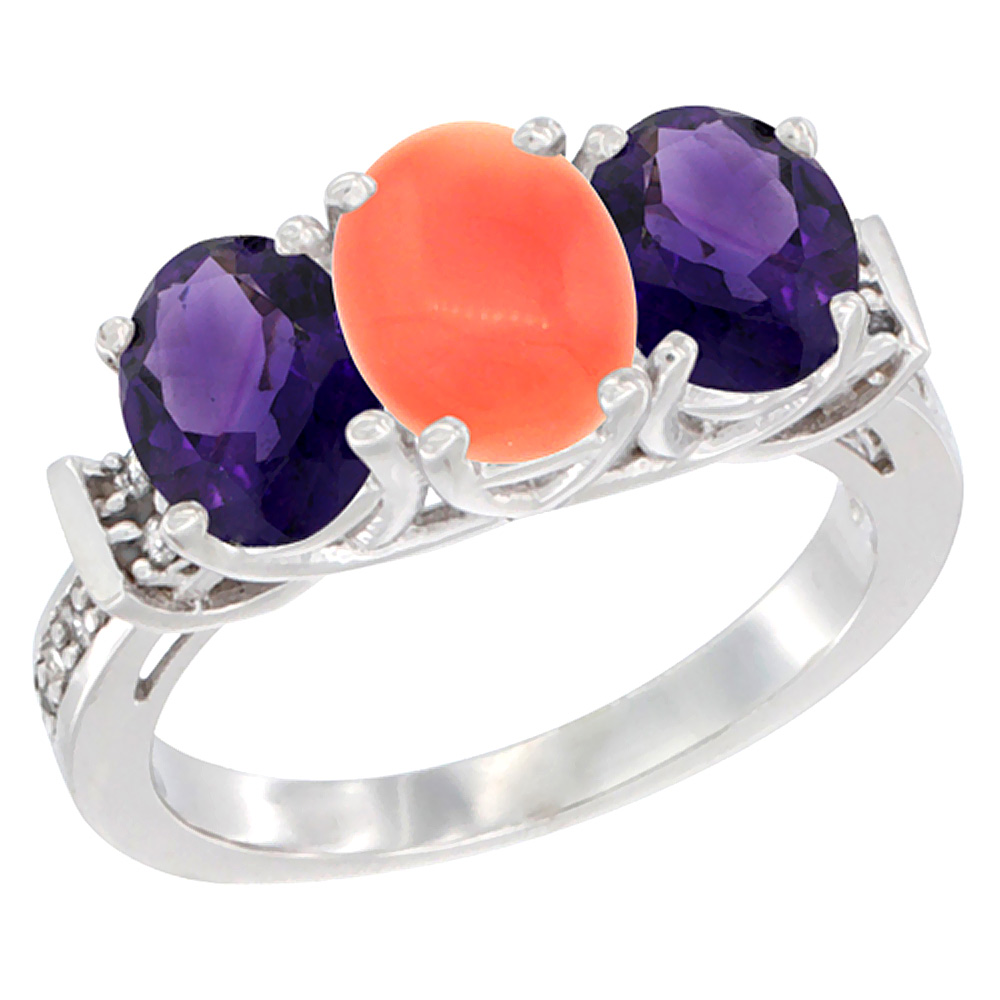 10K White Gold Natural Coral &amp; Amethyst Sides Ring 3-Stone Oval Diamond Accent, sizes 5 - 10