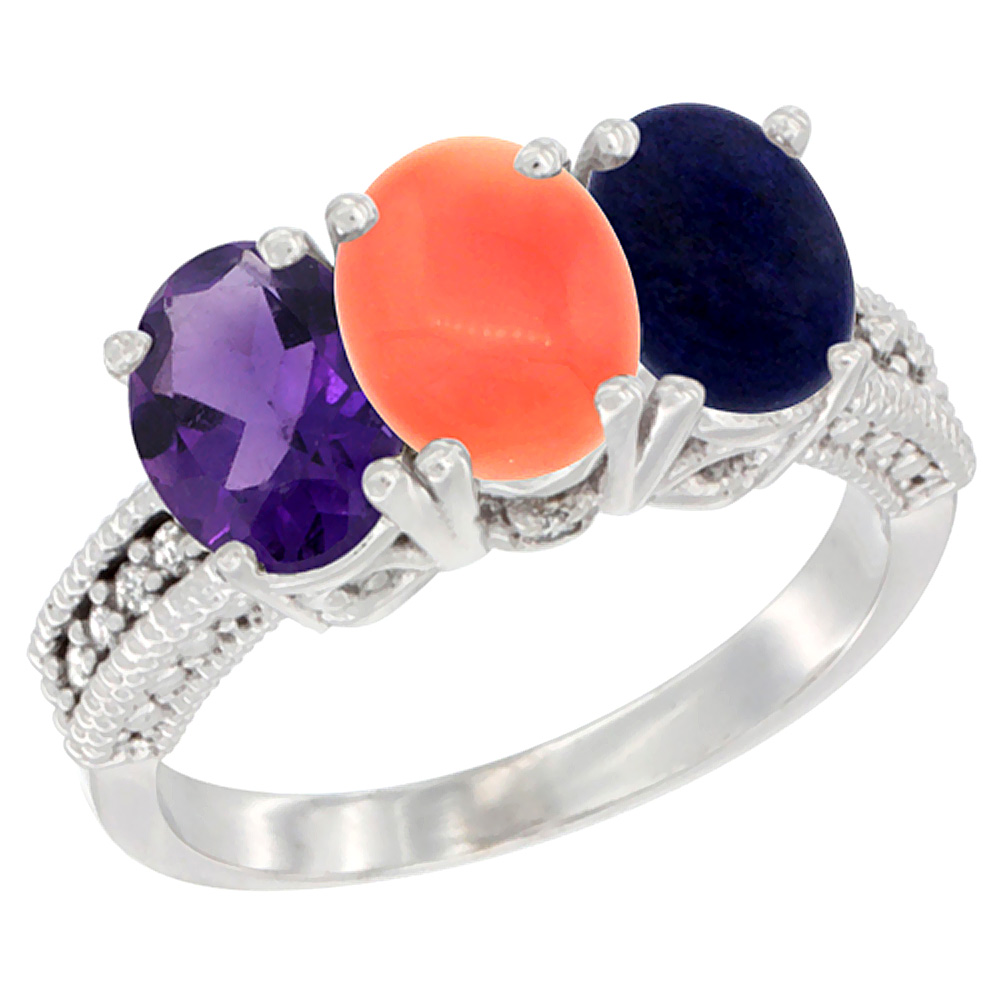 10K White Gold Natural Amethyst, Coral &amp; Lapis Ring 3-Stone Oval 7x5 mm Diamond Accent, sizes 5 - 10