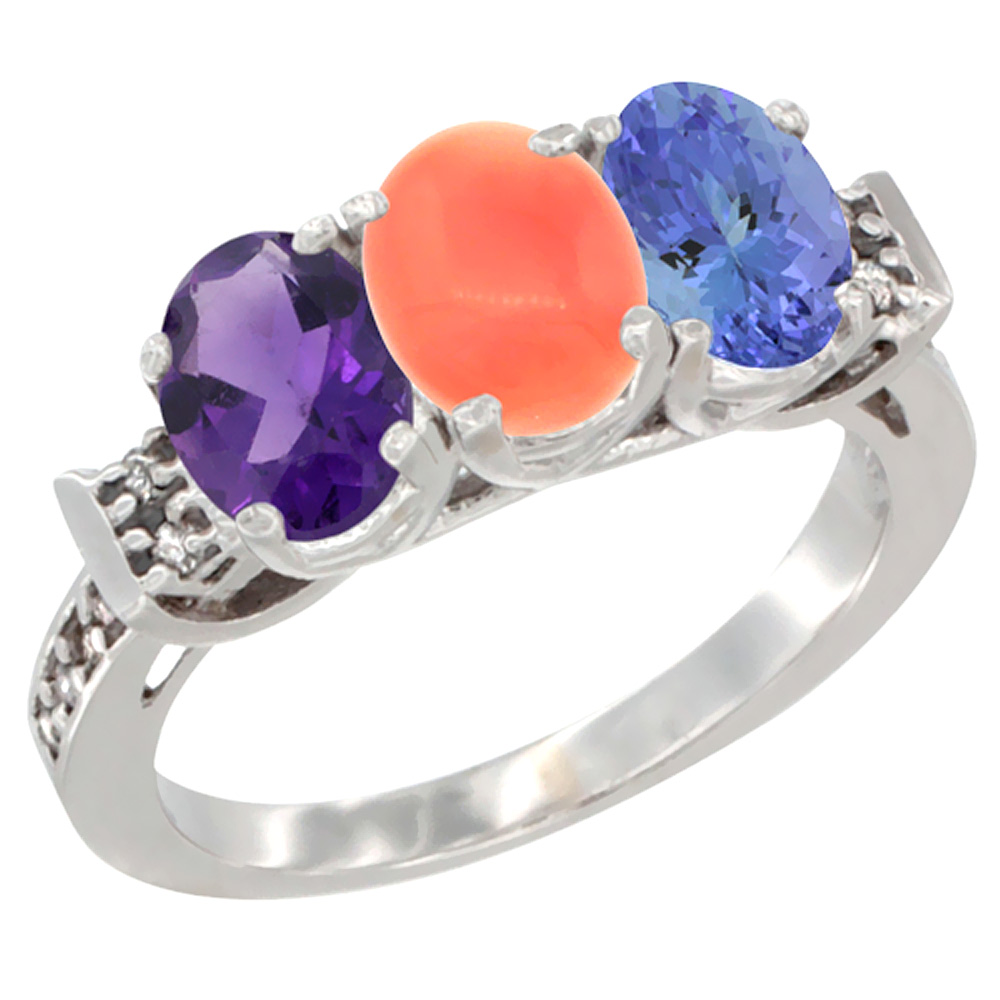 14K White Gold Natural Amethyst, Coral &amp; Tanzanite Ring 3-Stone 7x5 mm Oval Diamond Accent, sizes 5 - 10