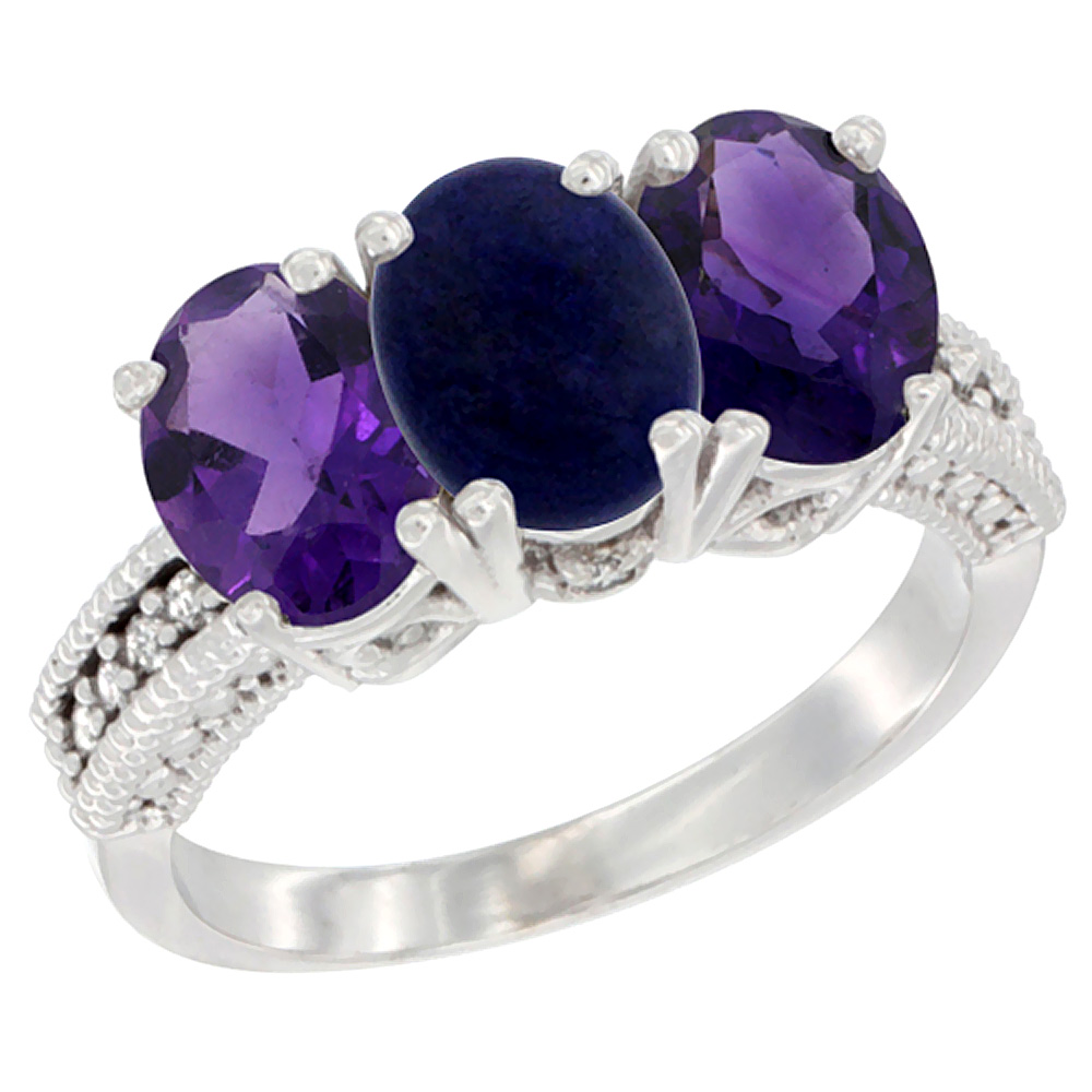 14K White Gold Natural Lapis &amp; Amethyst Ring 3-Stone 7x5 mm Oval Diamond Accent, sizes 5 - 10