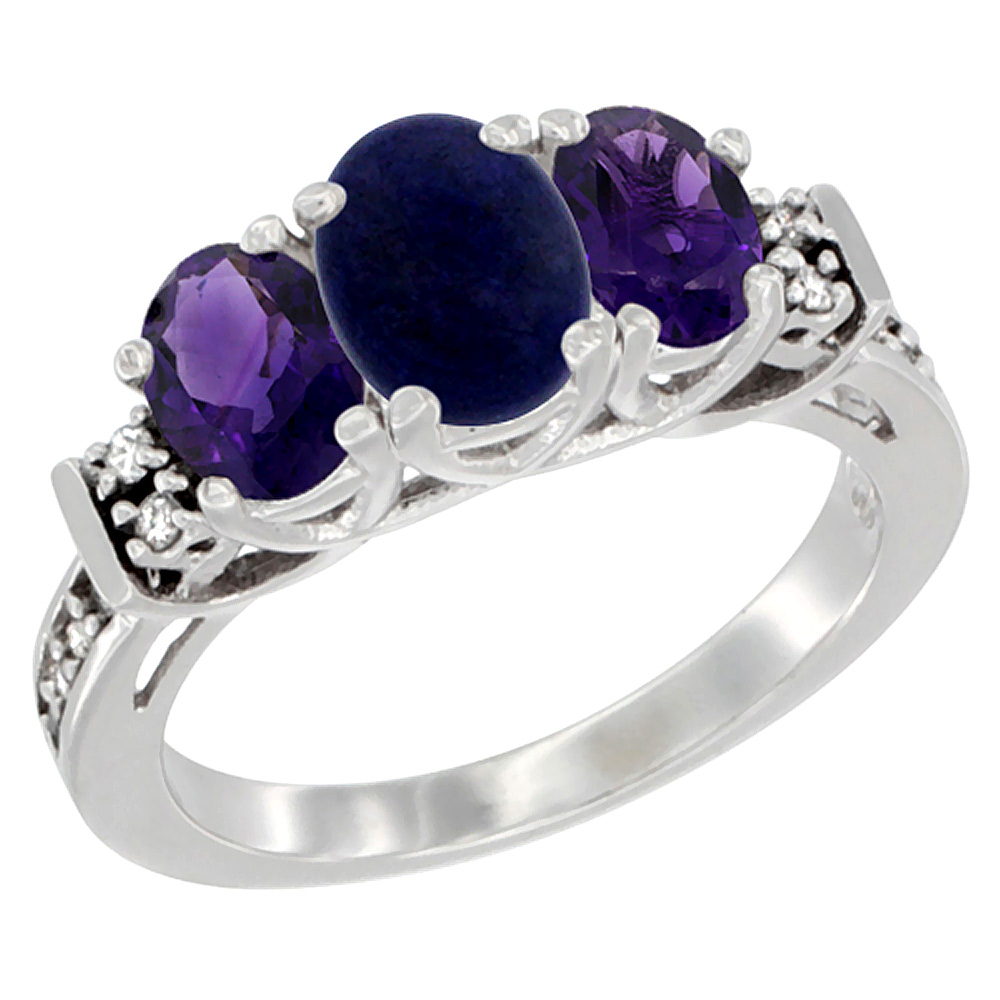 14K White Gold Natural Lapis &amp; Amethyst Ring 3-Stone Oval Diamond Accent, sizes 5-10