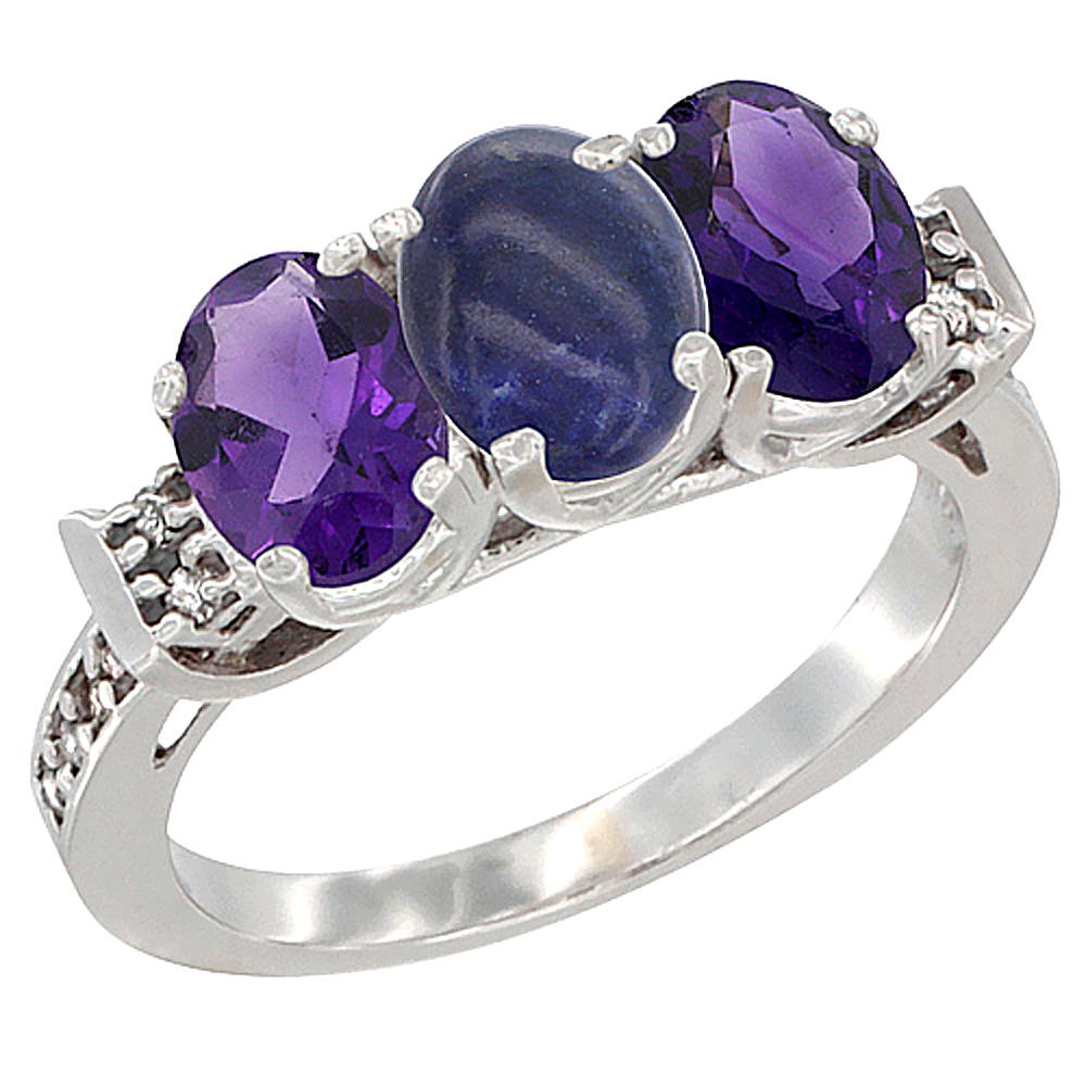 14K White Gold Natural Lapis &amp; Amethyst Sides Ring 3-Stone 7x5 mm Oval Diamond Accent, sizes 5 - 10