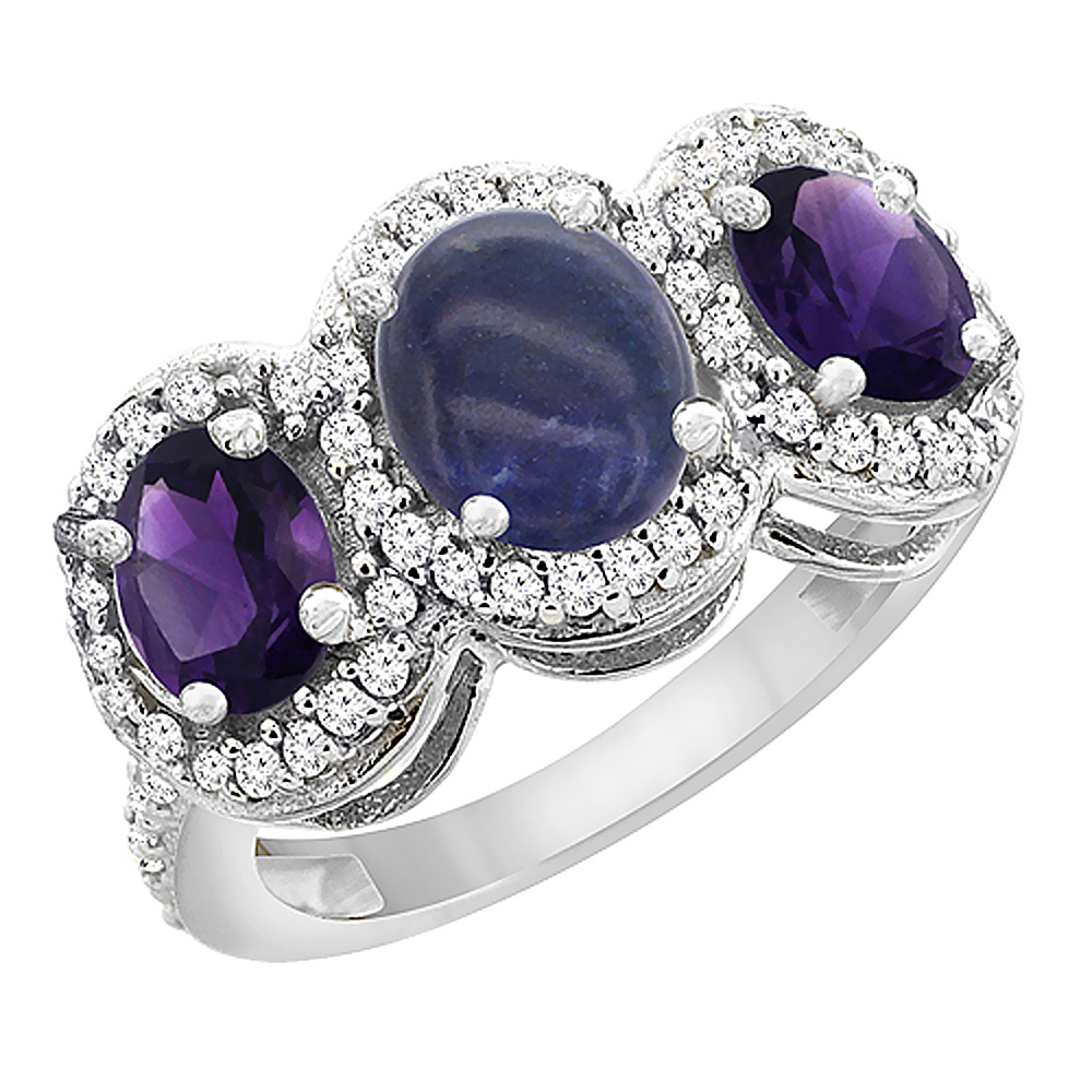 10K White Gold Natural Lapis &amp; Amethyst 3-Stone Ring Oval Diamond Accent, sizes 5 - 10