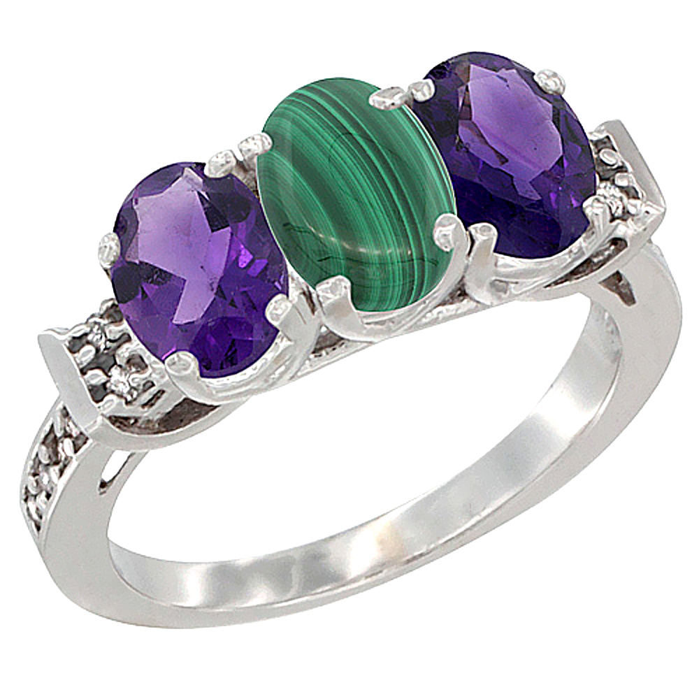 10K White Gold Natural Malachite &amp; Amethyst Sides Ring 3-Stone Oval 7x5 mm Diamond Accent, sizes 5 - 10