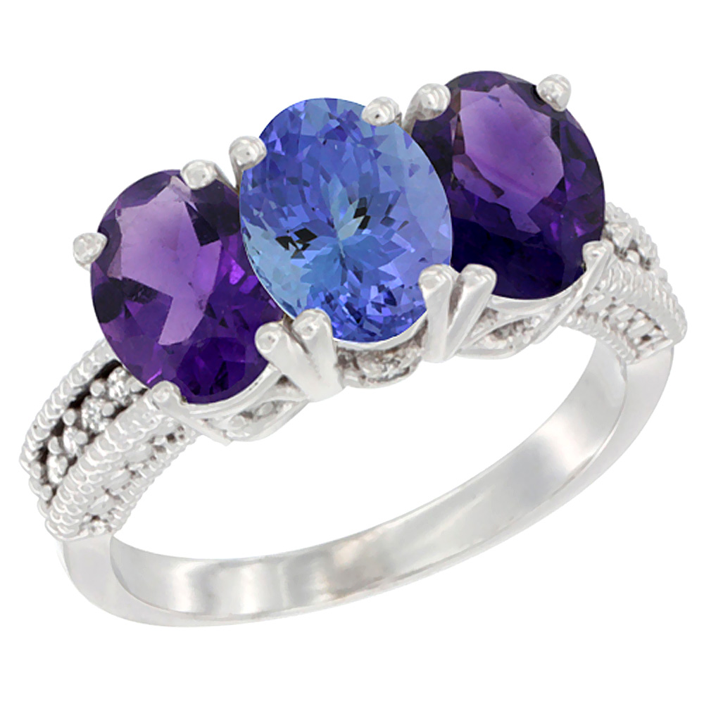 10K White Gold Natural Tanzanite & Amethyst Sides Ring 3-Stone Oval 7x5 mm Diamond Accent, sizes 5 - 10