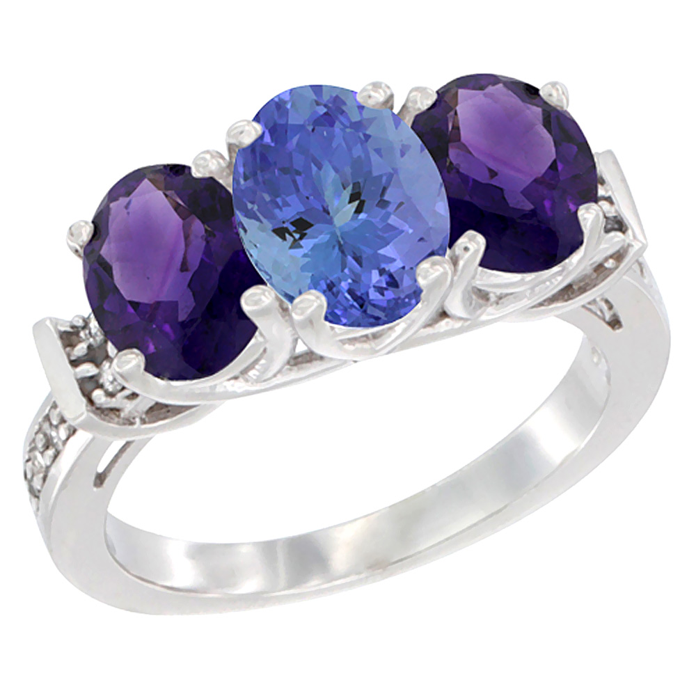 14K White Gold Natural Tanzanite &amp; Amethyst Sides Ring 3-Stone Oval Diamond Accent, sizes 5 - 10