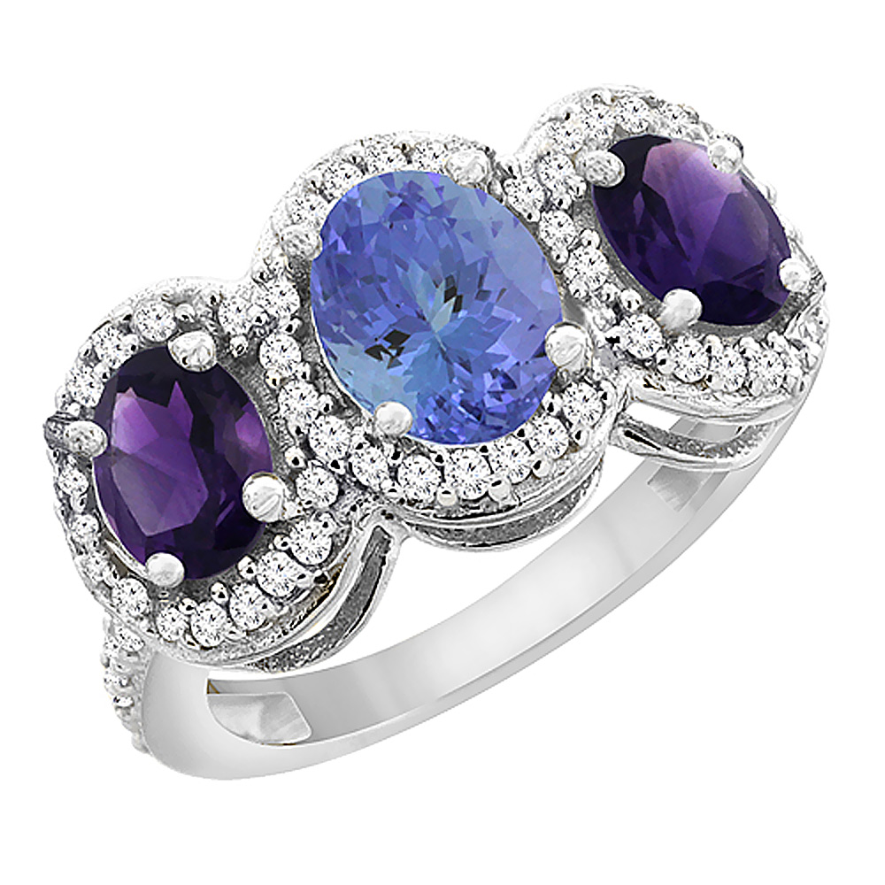 10K White Gold Natural Tanzanite & Amethyst 3-Stone Ring Oval Diamond Accent, sizes 5 - 10