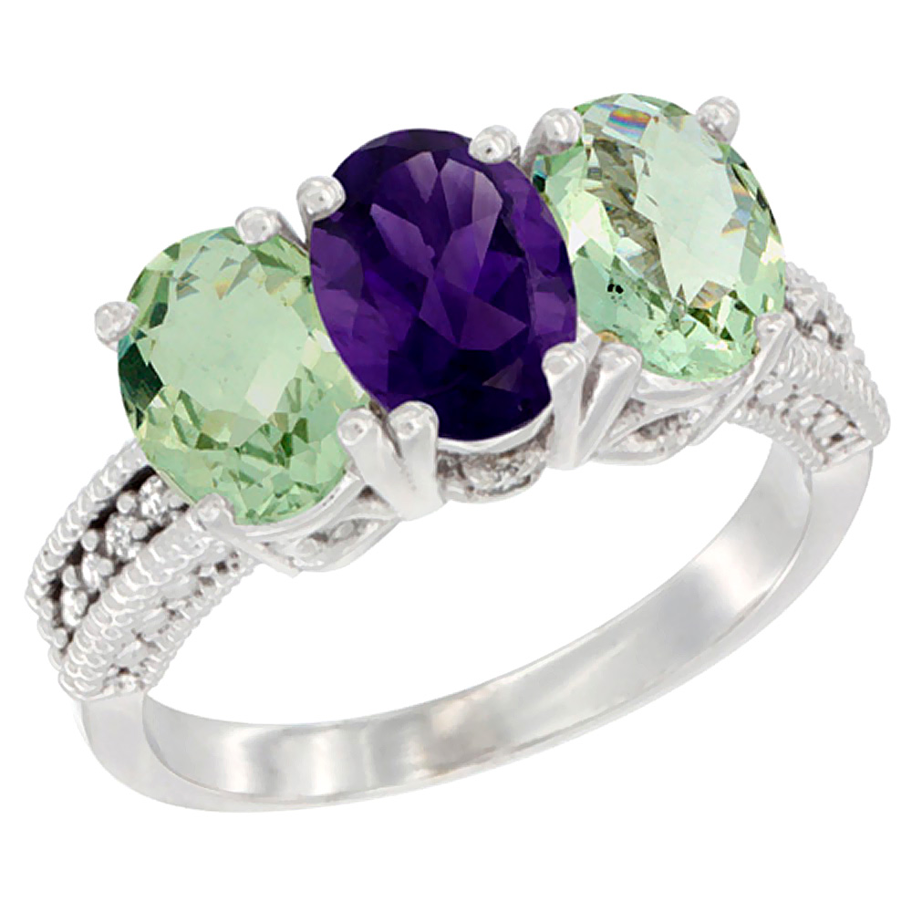 14K White Gold Natural Amethyst &amp; Green Amethyst Ring 3-Stone 7x5 mm Oval Diamond Accent, sizes 5 - 10