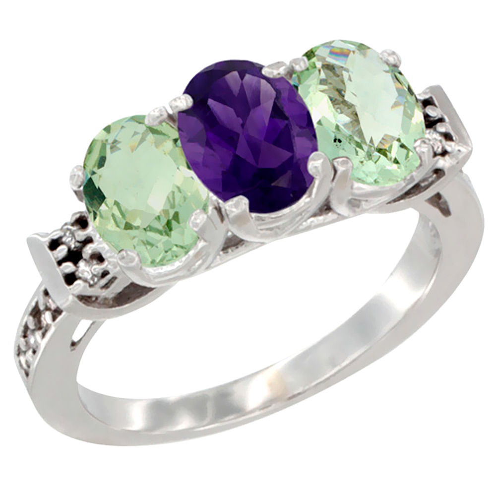 10K White Gold Natural Amethyst &amp; Green Amethyst Sides Ring 3-Stone Oval 7x5 mm Diamond Accent, sizes 5 - 10