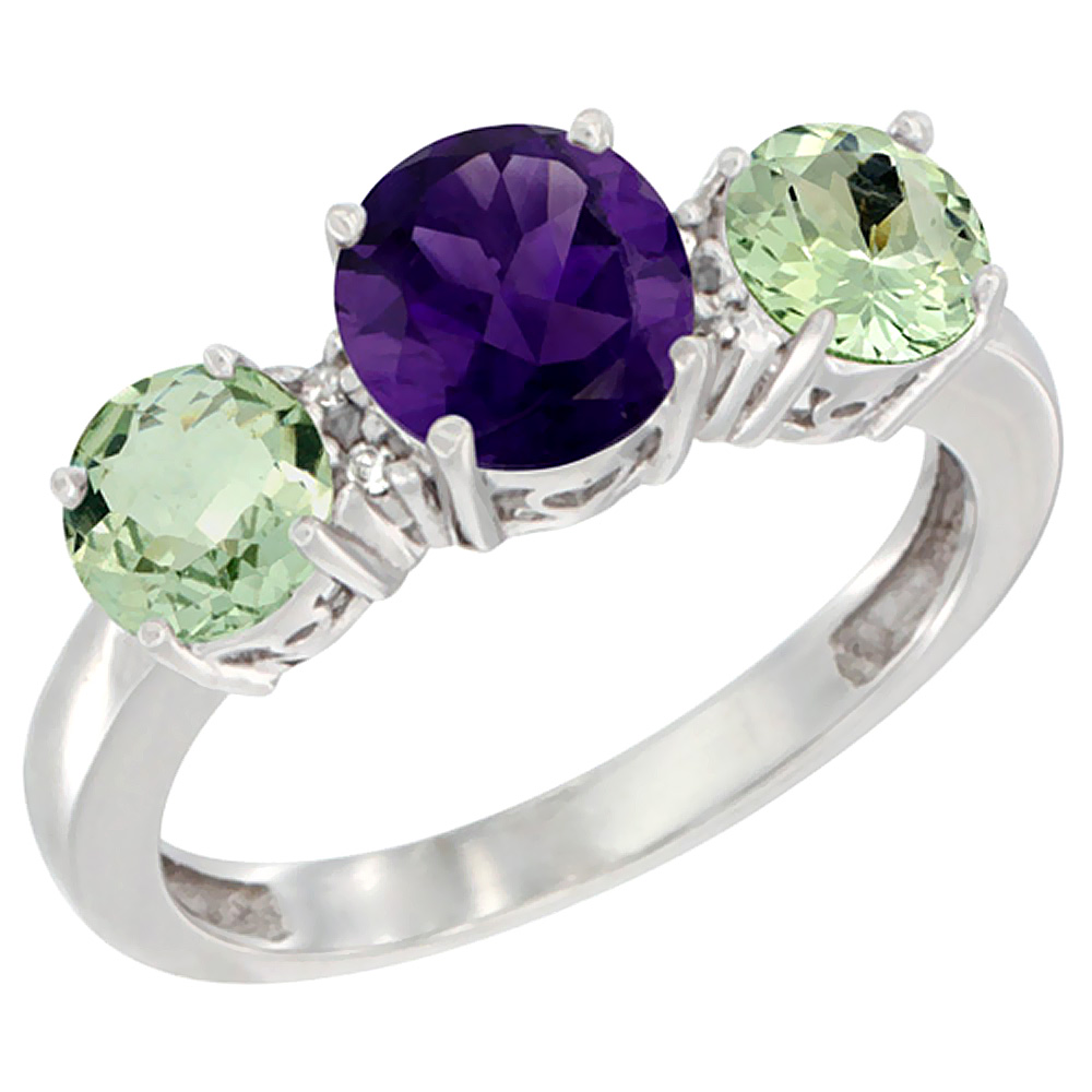 14K White Gold Round 3-Stone Natural Amethyst Ring &amp; Green Amethyst Sides Diamond Accent, sizes 5 - 10