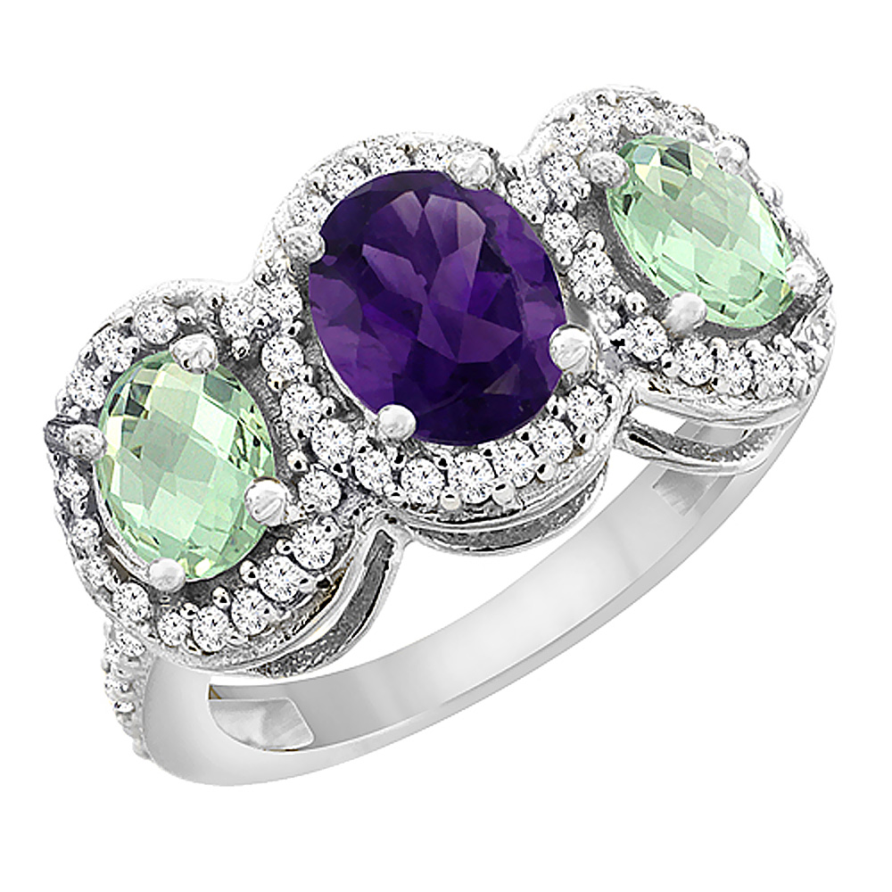 10K White Gold Natural Amethyst &amp; Green Amethyst 3-Stone Ring Oval Diamond Accent, sizes 5 - 10