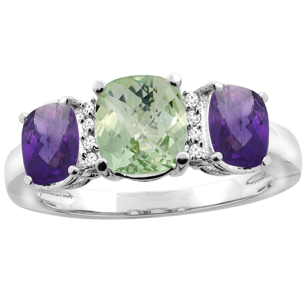 10K Yellow Gold Natural Green Amethyst &amp; Amethyst 3-stone Ring Cushion 8x6mm Diamond Accent, sizes 5 - 10