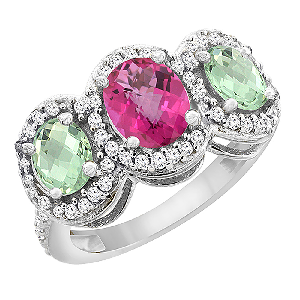14K White Gold Natural Pink Topaz &amp; Green Amethyst 3-Stone Ring Oval Diamond Accent, sizes 5 - 10
